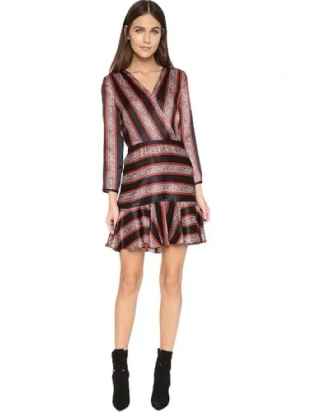 Veronica Beard Silk Mini Dress Size 4 (US 4) Black Red Print Wrap Ruffle Hem